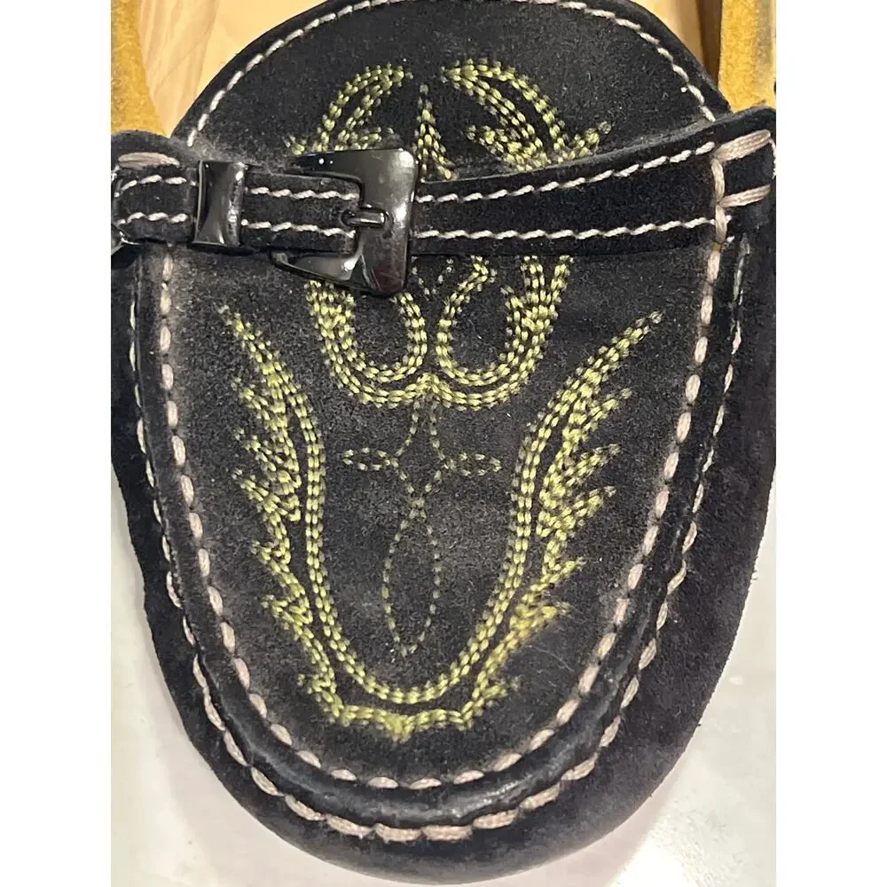 Women's Tod's Suede Embroidered Toe Buckle Driving Casual Loafers Size 5.5 Black